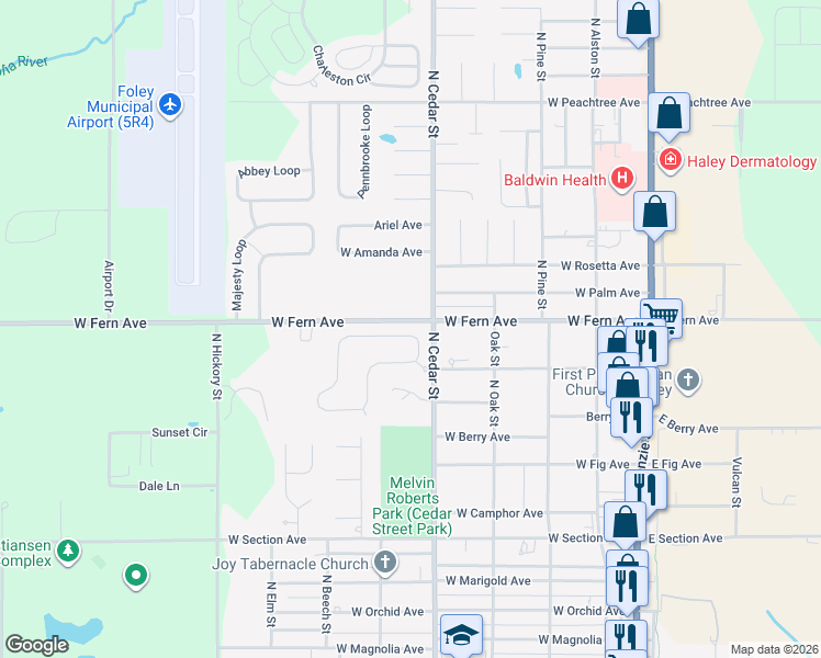 map of restaurants, bars, coffee shops, grocery stores, and more near 602 West Fern Avenue in Foley