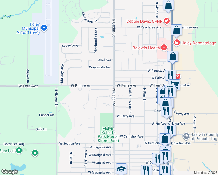 map of restaurants, bars, coffee shops, grocery stores, and more near 602 West Fern Avenue in Foley