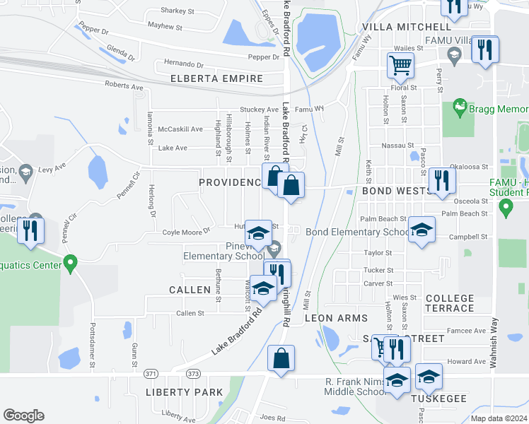 map of restaurants, bars, coffee shops, grocery stores, and more near 2053 Warwick Street in Tallahassee