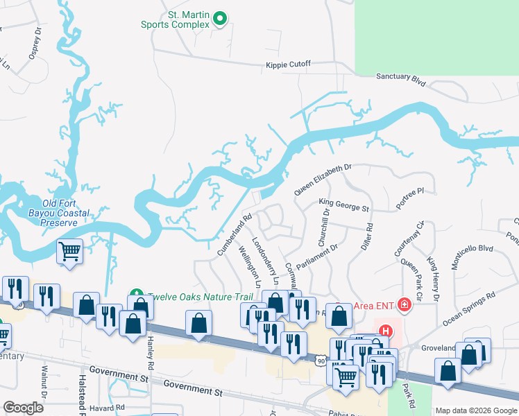 map of restaurants, bars, coffee shops, grocery stores, and more near 65 Cumberland Road in Ocean Springs