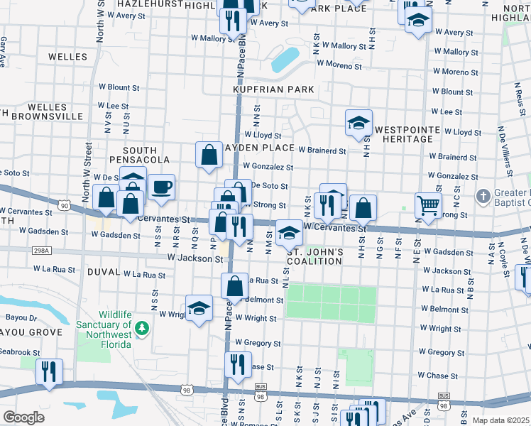 map of restaurants, bars, coffee shops, grocery stores, and more near 819 North N Street in Pensacola