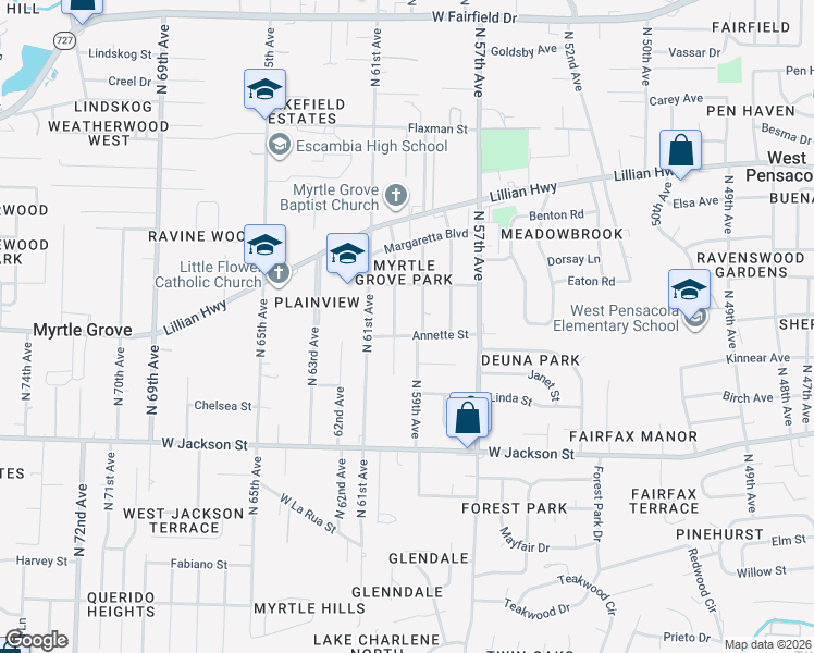 map of restaurants, bars, coffee shops, grocery stores, and more near 916 North 59th Avenue in Pensacola