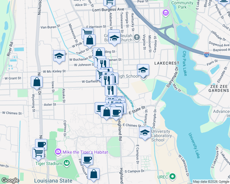 map of restaurants, bars, coffee shops, grocery stores, and more near 2915 Highland Road in Baton Rouge