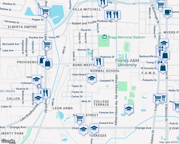map of restaurants, bars, coffee shops, grocery stores, and more near 647 Osceola Street in Tallahassee
