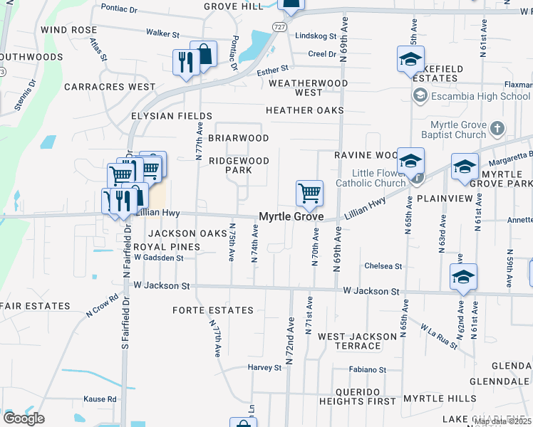 map of restaurants, bars, coffee shops, grocery stores, and more near 106 Lillian Highway in Pensacola