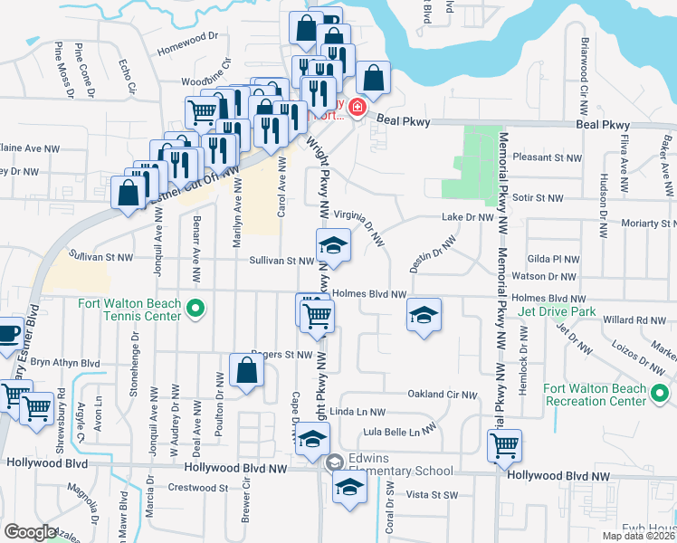 map of restaurants, bars, coffee shops, grocery stores, and more near 349 Holmes Boulevard Northwest in Fort Walton Beach