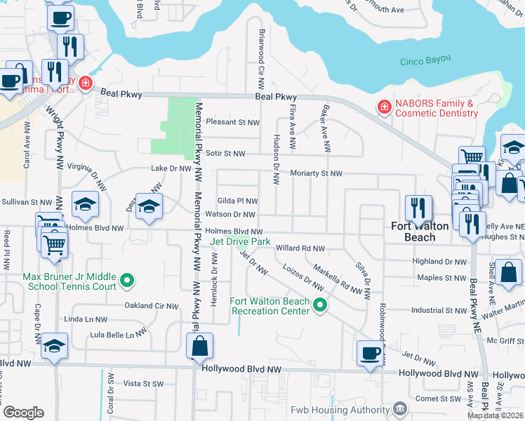 map of restaurants, bars, coffee shops, grocery stores, and more near 107 Gregory Avenue in Fort Walton Beach