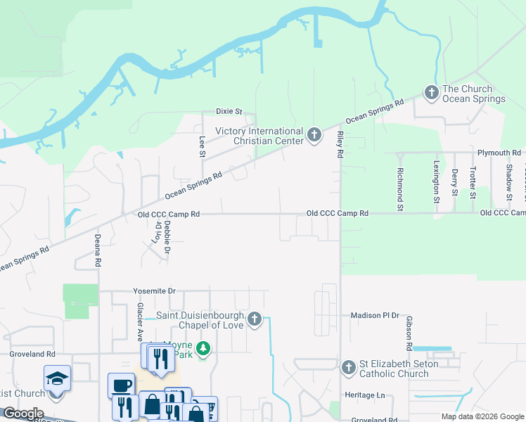 map of restaurants, bars, coffee shops, grocery stores, and more near 8616 Old CCC Camp Road in Ocean Springs