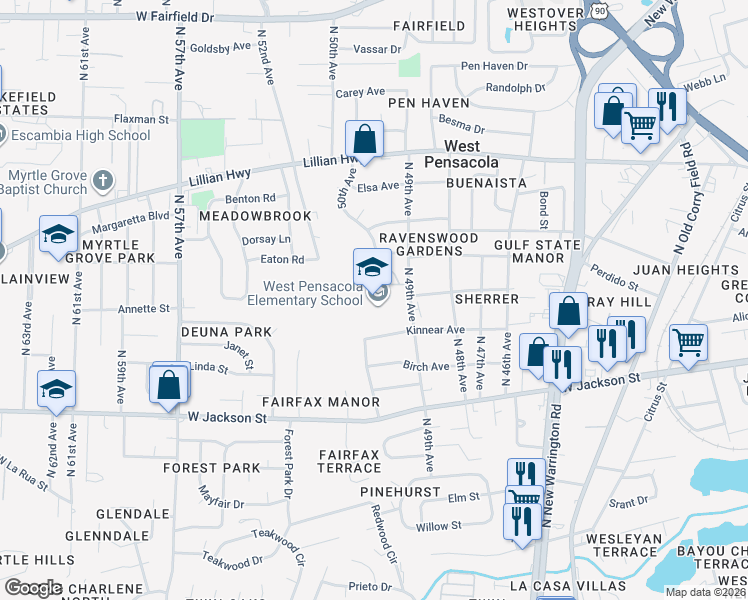 map of restaurants, bars, coffee shops, grocery stores, and more near 801 North 49th Avenue in Pensacola