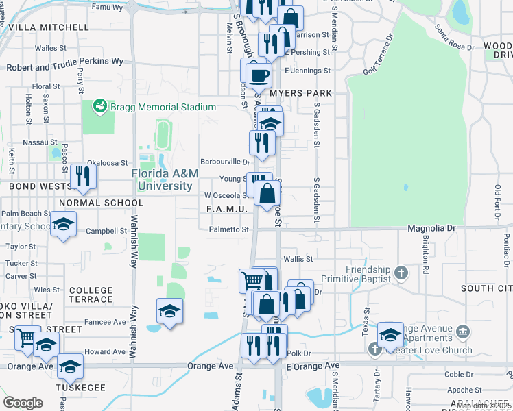 map of restaurants, bars, coffee shops, grocery stores, and more near 2025 South Adams Street in Tallahassee