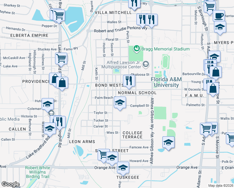 map of restaurants, bars, coffee shops, grocery stores, and more near 647 Osceola Street in Tallahassee