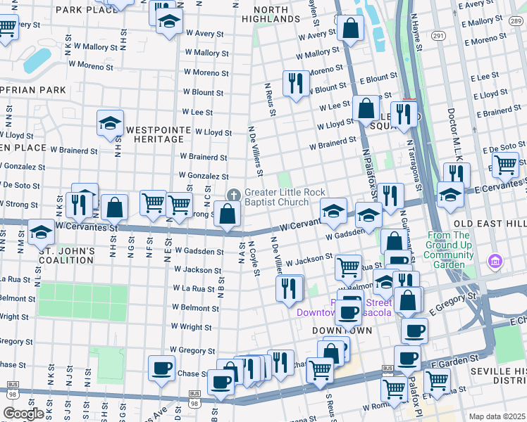 map of restaurants, bars, coffee shops, grocery stores, and more near 900 North A Street in Pensacola