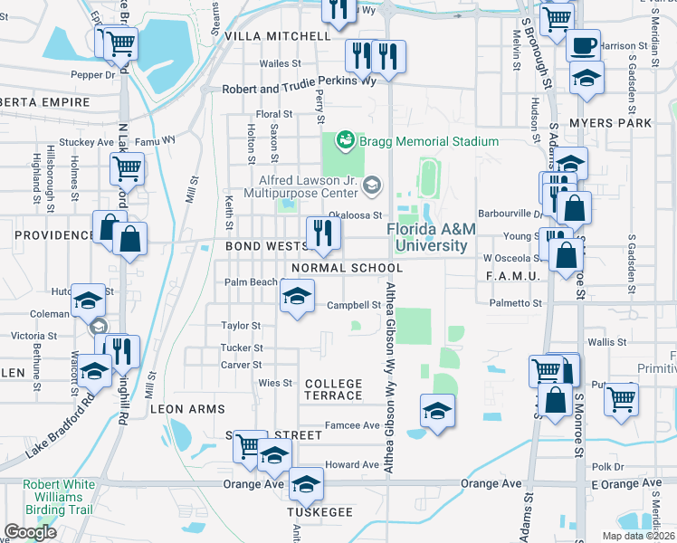 map of restaurants, bars, coffee shops, grocery stores, and more near 609 Osceola Street in Tallahassee