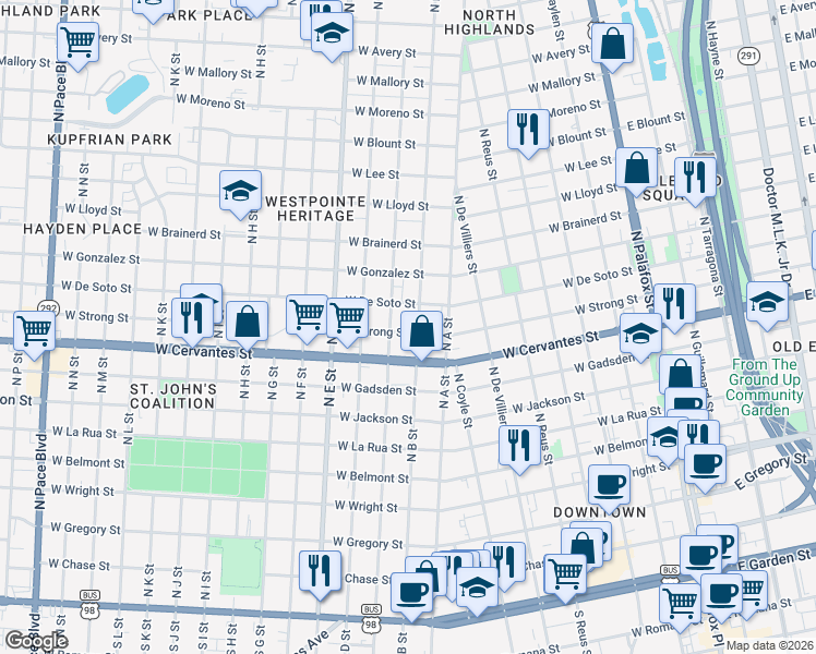 map of restaurants, bars, coffee shops, grocery stores, and more near 900 North B Street in Pensacola