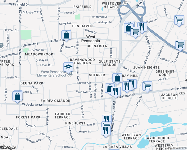 map of restaurants, bars, coffee shops, grocery stores, and more near 820 North 47th Avenue in Pensacola