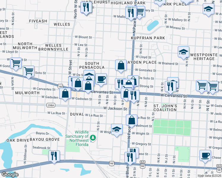 map of restaurants, bars, coffee shops, grocery stores, and more near 2300 West Cervantes Street in Pensacola