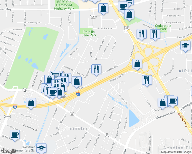 map of restaurants, bars, coffee shops, grocery stores, and more near 9151 Interline Avenue in Baton Rouge