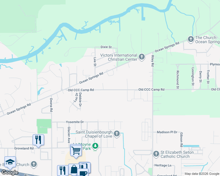 map of restaurants, bars, coffee shops, grocery stores, and more near 8708 Old CCC Camp Road in Ocean Springs
