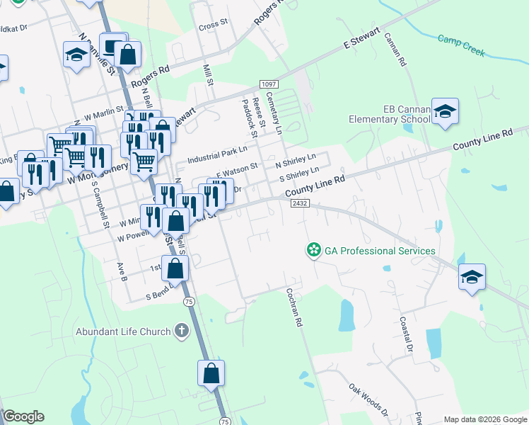 map of restaurants, bars, coffee shops, grocery stores, and more near 416 East Powell Street in Willis