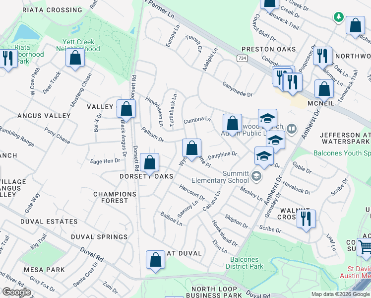 map of restaurants, bars, coffee shops, grocery stores, and more near 12307 Wycliff Lane in Austin
