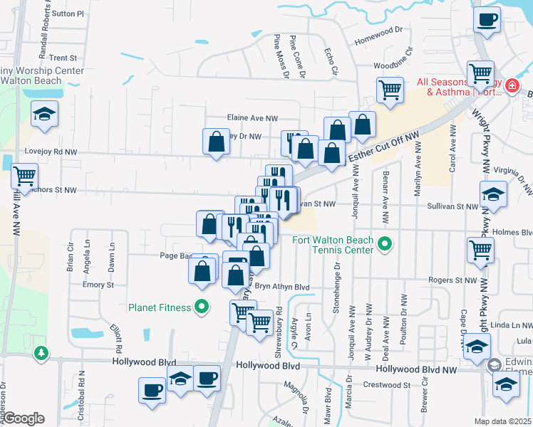 map of restaurants, bars, coffee shops, grocery stores, and more near Mary Esther Boulevard in Fort Walton Beach