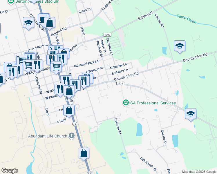 map of restaurants, bars, coffee shops, grocery stores, and more near 416 East Powell Street in Willis