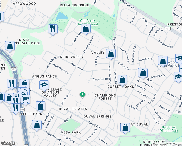 map of restaurants, bars, coffee shops, grocery stores, and more near 5001 Pony Chase in Austin