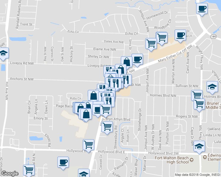 map of restaurants, bars, coffee shops, grocery stores, and more near 550 Mary Esther Northwest in Fort Walton Beach