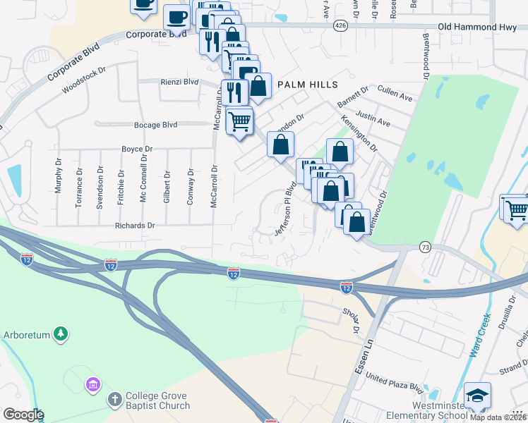 map of restaurants, bars, coffee shops, grocery stores, and more near 7543 North Jefferson Place Circle in Baton Rouge