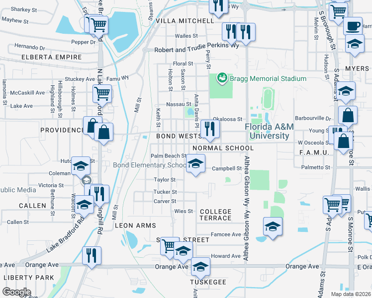 map of restaurants, bars, coffee shops, grocery stores, and more near 2111 Poppy Street in Tallahassee