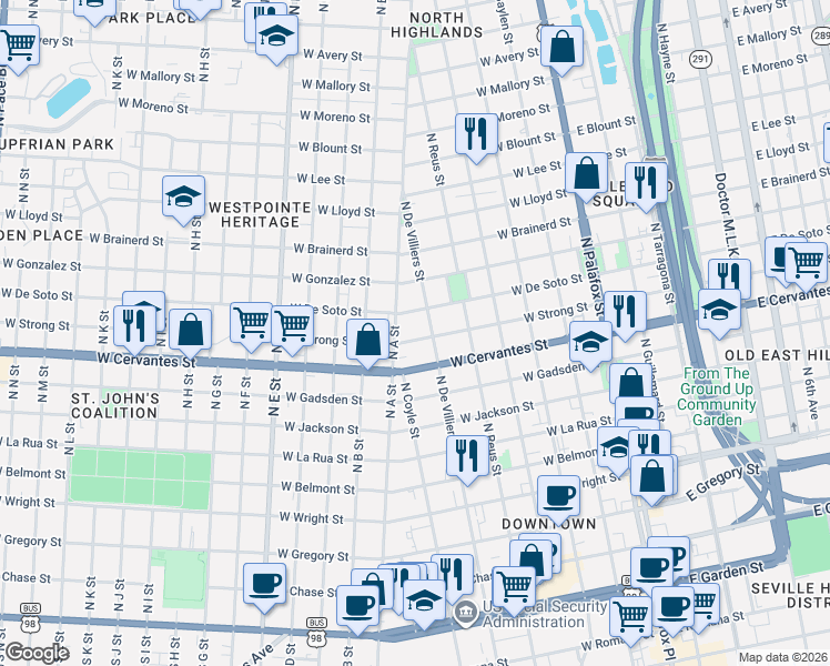 map of restaurants, bars, coffee shops, grocery stores, and more near 900 North A Street in Pensacola
