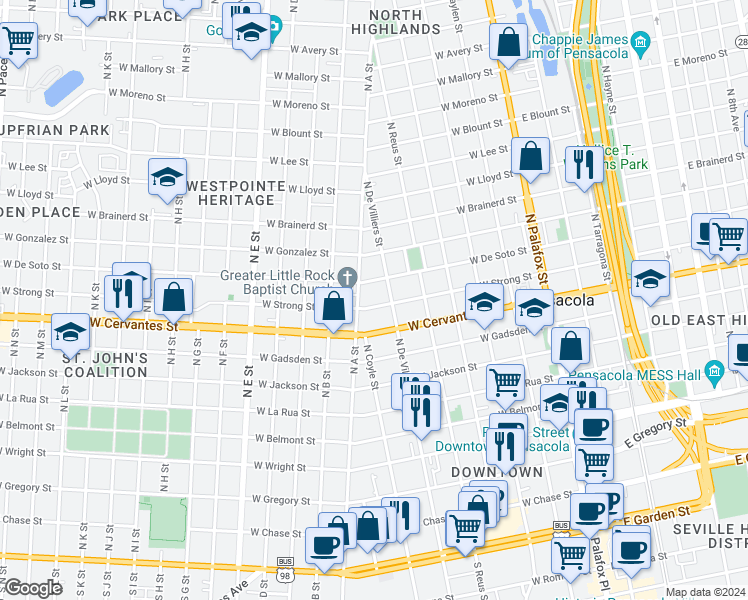 map of restaurants, bars, coffee shops, grocery stores, and more near 900 North A Street in Pensacola
