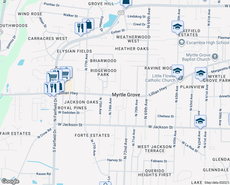 map of restaurants, bars, coffee shops, grocery stores, and more near 106 Lillian Highway in Pensacola