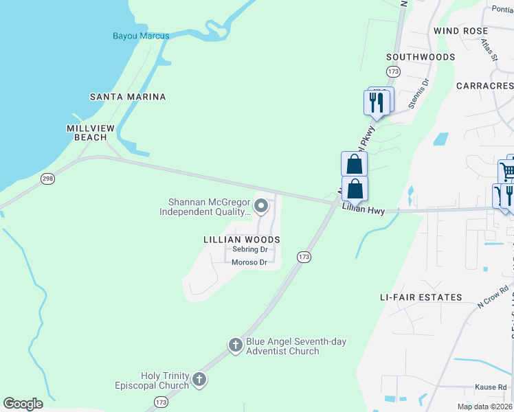 map of restaurants, bars, coffee shops, grocery stores, and more near 1480 Watkins Trail in Pensacola