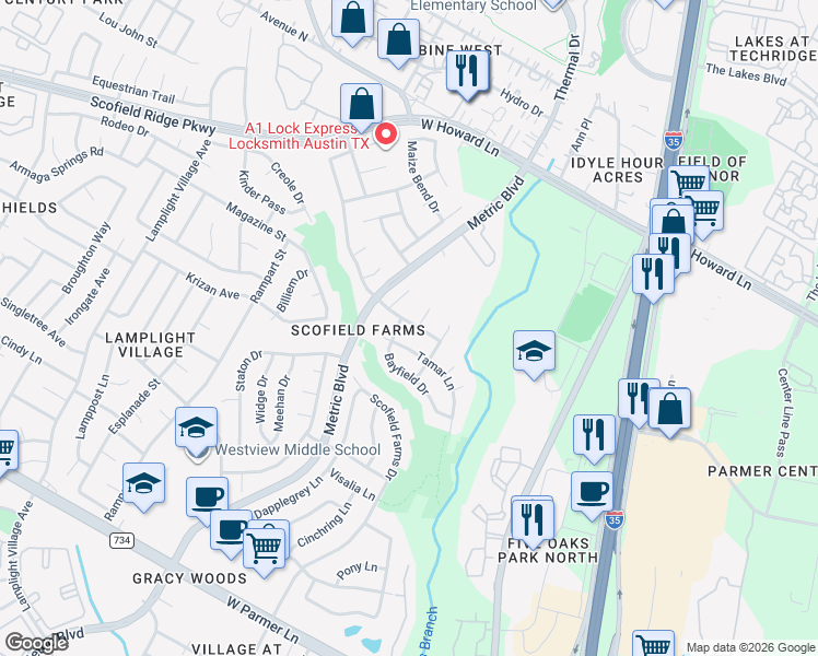 map of restaurants, bars, coffee shops, grocery stores, and more near 1609 Chasewood Drive in Austin