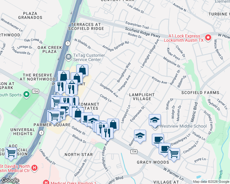 map of restaurants, bars, coffee shops, grocery stores, and more near 12802 Irongate Avenue in Austin