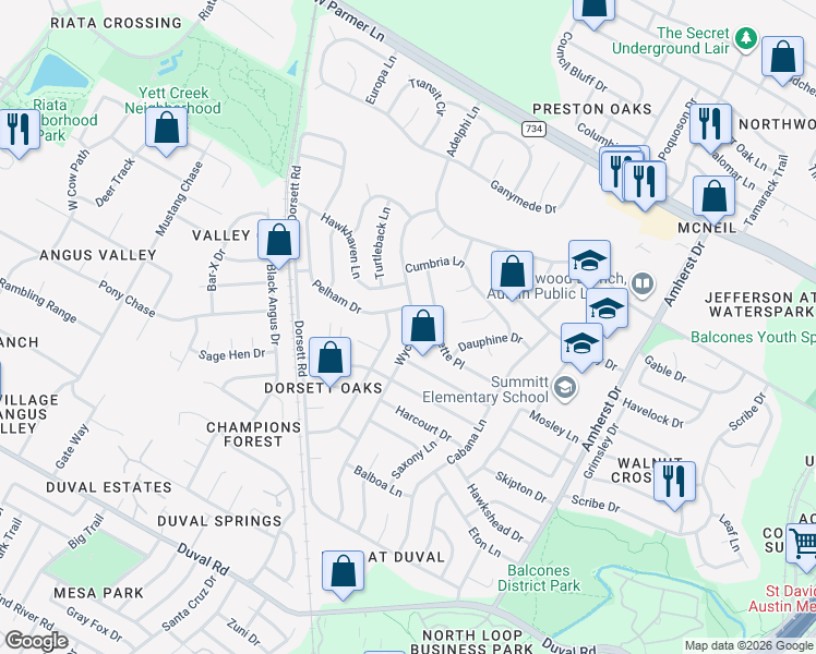 map of restaurants, bars, coffee shops, grocery stores, and more near 12307 Wycliff Lane in Austin