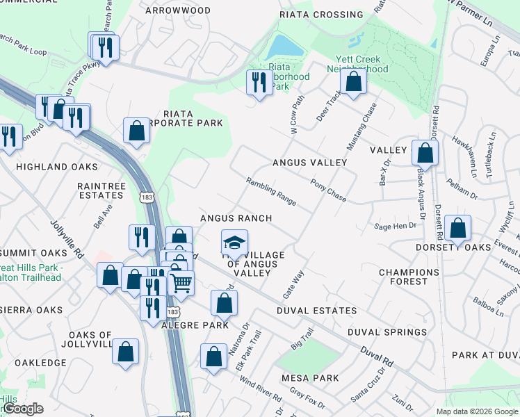 map of restaurants, bars, coffee shops, grocery stores, and more near 5208 Bull Run in Austin