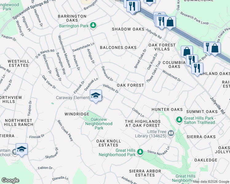 map of restaurants, bars, coffee shops, grocery stores, and more near 11302 Oak View Drive in Austin