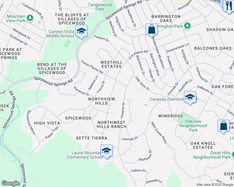 map of restaurants, bars, coffee shops, grocery stores, and more near 7900 Nashfara Cove in Austin
