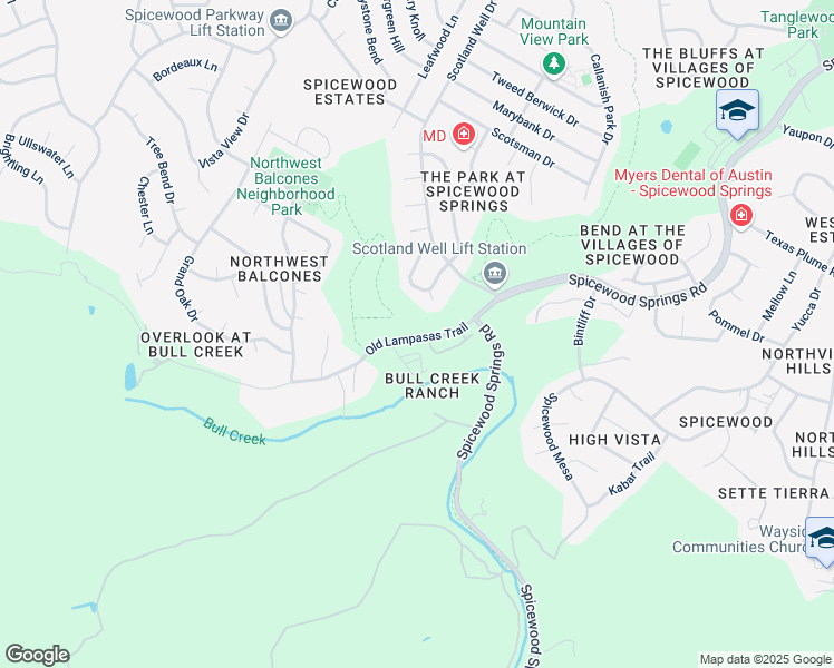 map of restaurants, bars, coffee shops, grocery stores, and more near 9011 Old Lampasas Trail in Austin