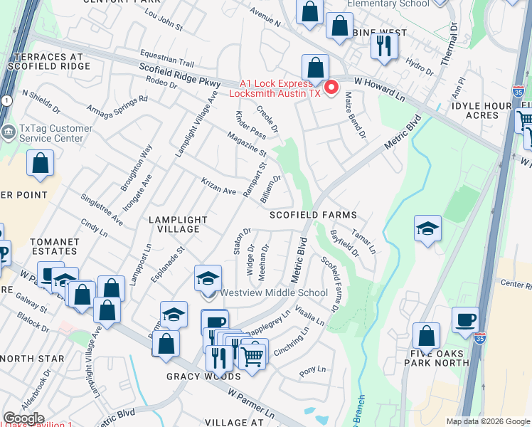 map of restaurants, bars, coffee shops, grocery stores, and more near 1802 Krizan Avenue in Austin