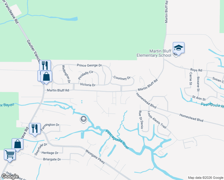 map of restaurants, bars, coffee shops, grocery stores, and more near 1822 Martin Bluff Road in Gautier