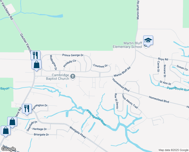 map of restaurants, bars, coffee shops, grocery stores, and more near 1808 Martin Bluff Road in Gautier