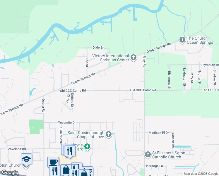 map of restaurants, bars, coffee shops, grocery stores, and more near 8616 Old CCC Camp Road in Ocean Springs