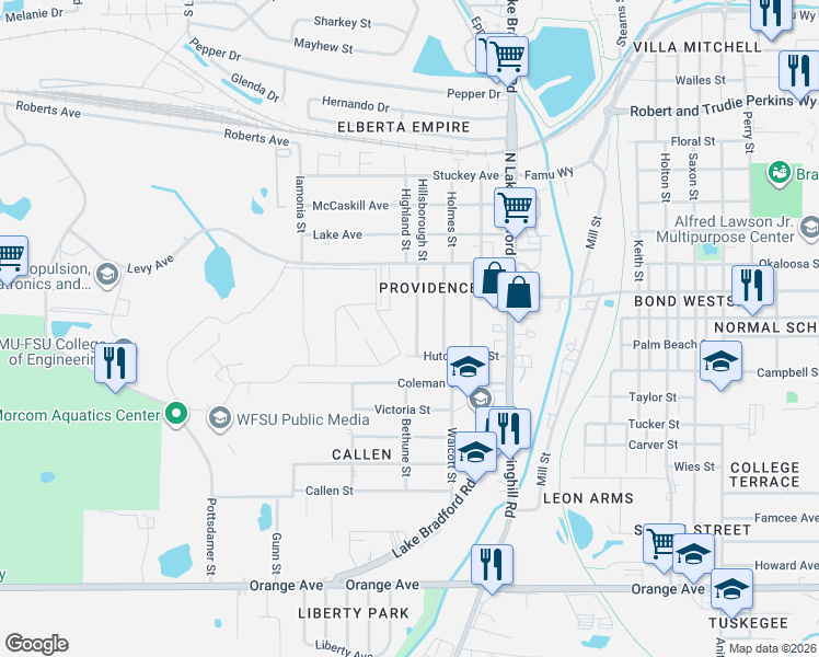 map of restaurants, bars, coffee shops, grocery stores, and more near 2056 Hillsborough Street in Tallahassee