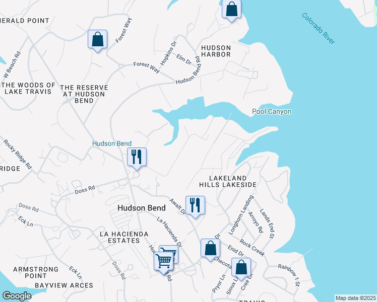 map of restaurants, bars, coffee shops, grocery stores, and more near 16029 Pool Canyon Road in Austin