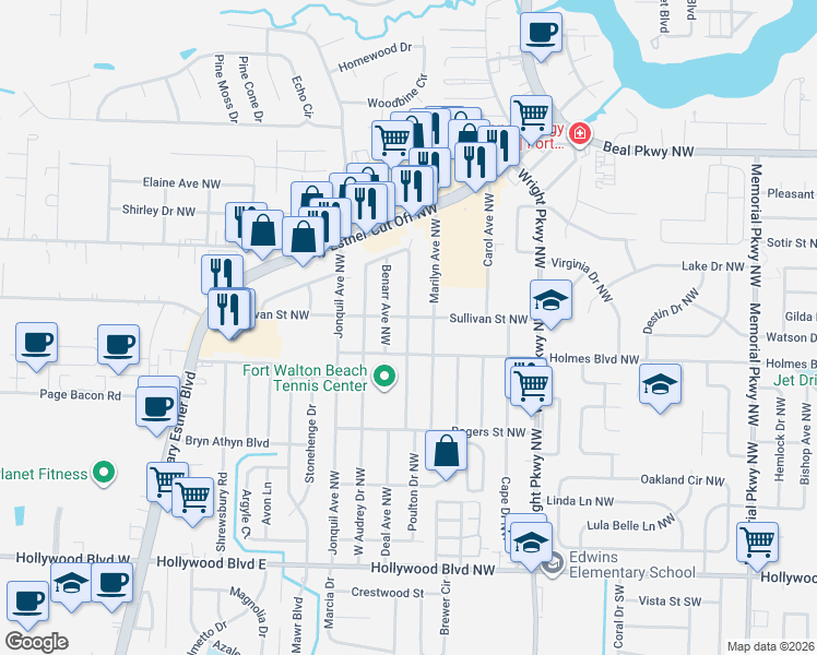 map of restaurants, bars, coffee shops, grocery stores, and more near 428 Sullivan Street Northwest in Fort Walton Beach