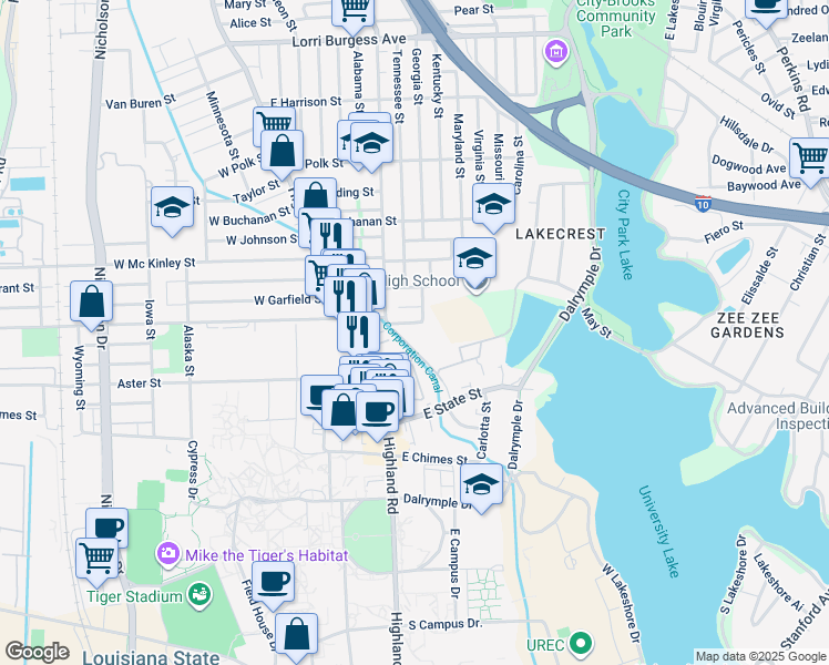 map of restaurants, bars, coffee shops, grocery stores, and more near 631 East Roosevelt Street in Baton Rouge