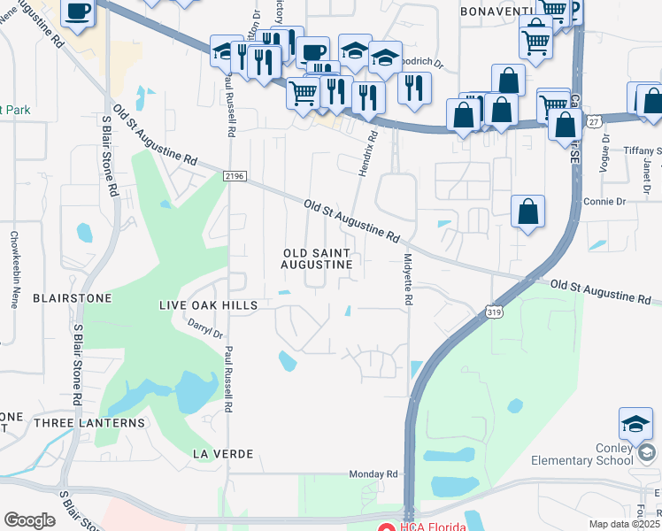 map of restaurants, bars, coffee shops, grocery stores, and more near 1551 Pine View Drive in Tallahassee